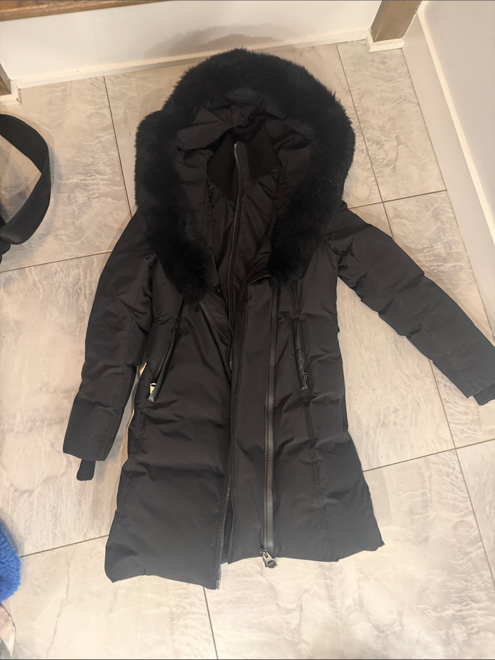Mackage Women's Black Fox Fur-Trim Long Puffer Coat size small